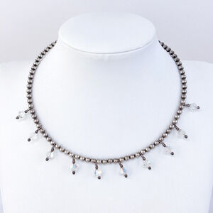 Vintage Sterling Silver 925 Beaded Crystal Drop Collar Necklace 15"